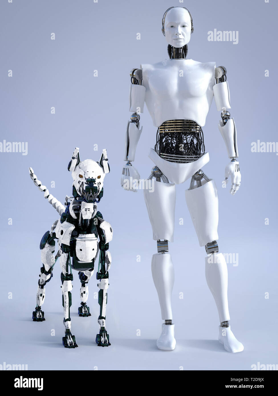 3D rendering of a male robot with a futuristic mean looking robot dog beside him. Stock Photo