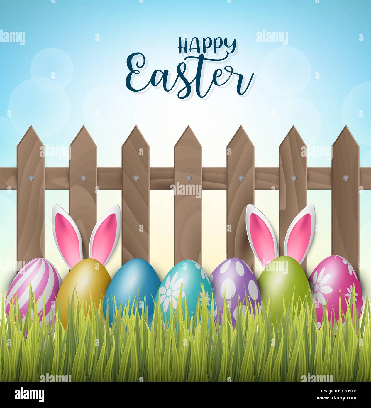 Happy Easter background with realistic 3d colorful eggs, wooden fence,  flowers and hiding bunny ears. Vector illustration Stock Vector Image & Art  - Alamy