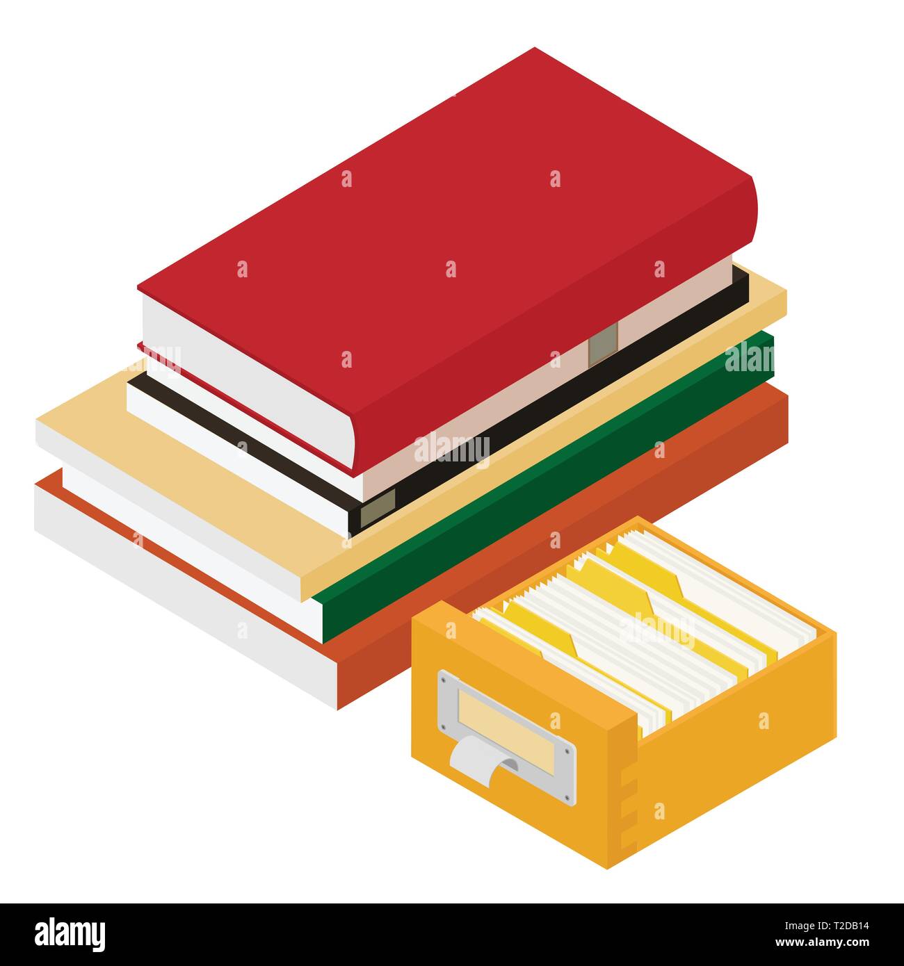 Isometric pile of books and library book catalog. Reading, education