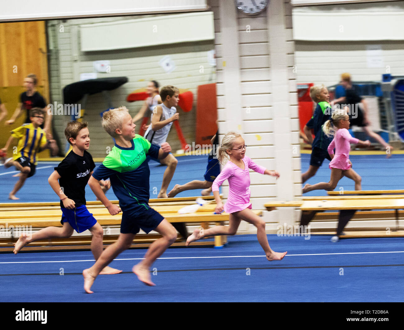 LINKÖPING 2014-11-11 Gymnasts warming up before gymnastics. Photo Jeppe Gustafsson Stock Photo