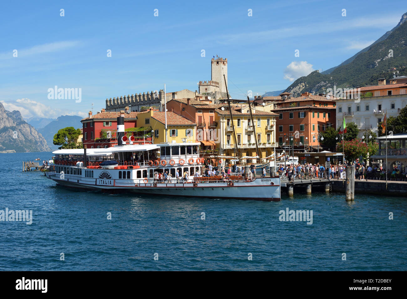 Passenger ship in the Harbor of Malcesine on Lake Garda - Italy. Stock Photo