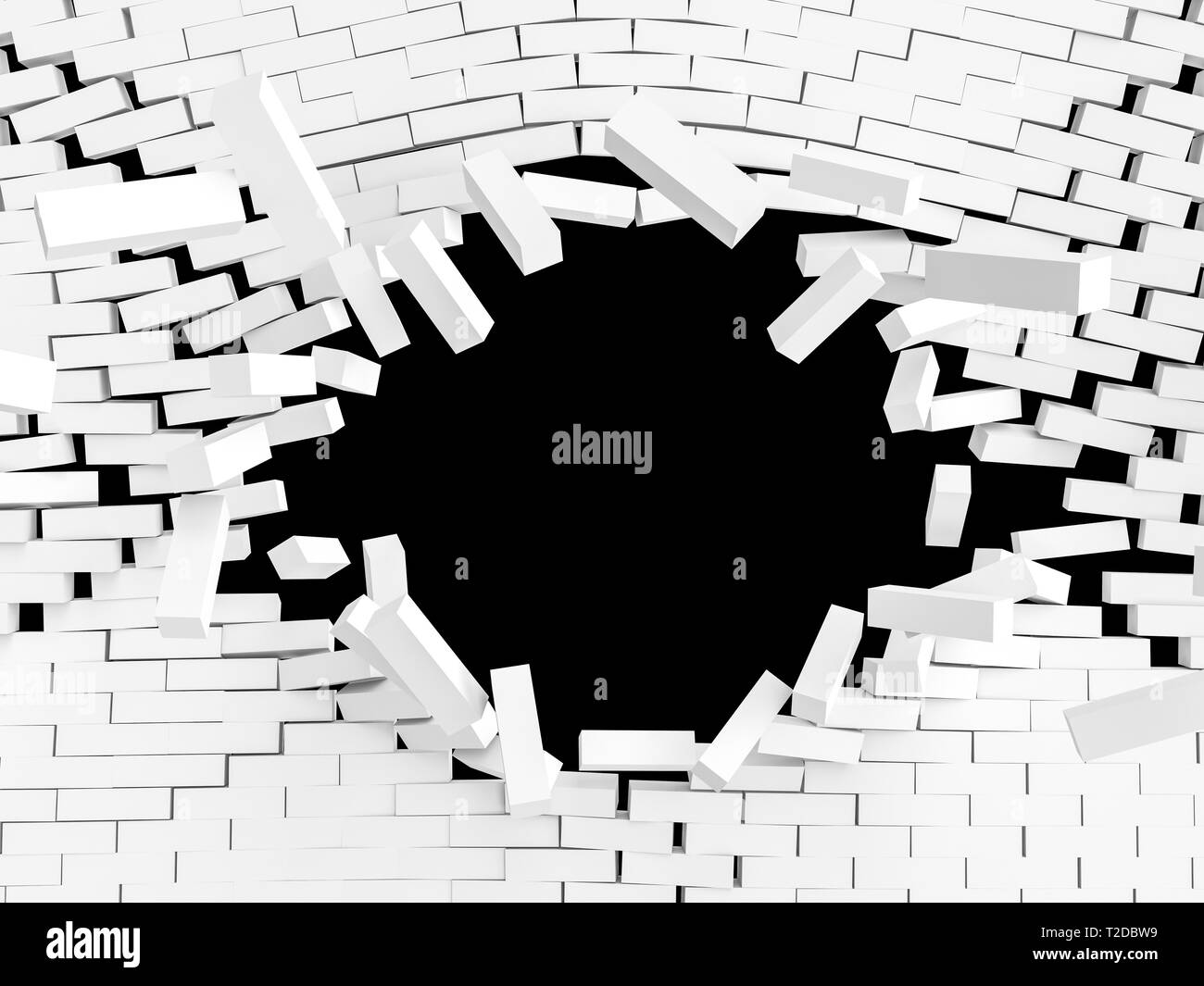 3d rendering of white brick wall explosion and black background Stock Photo