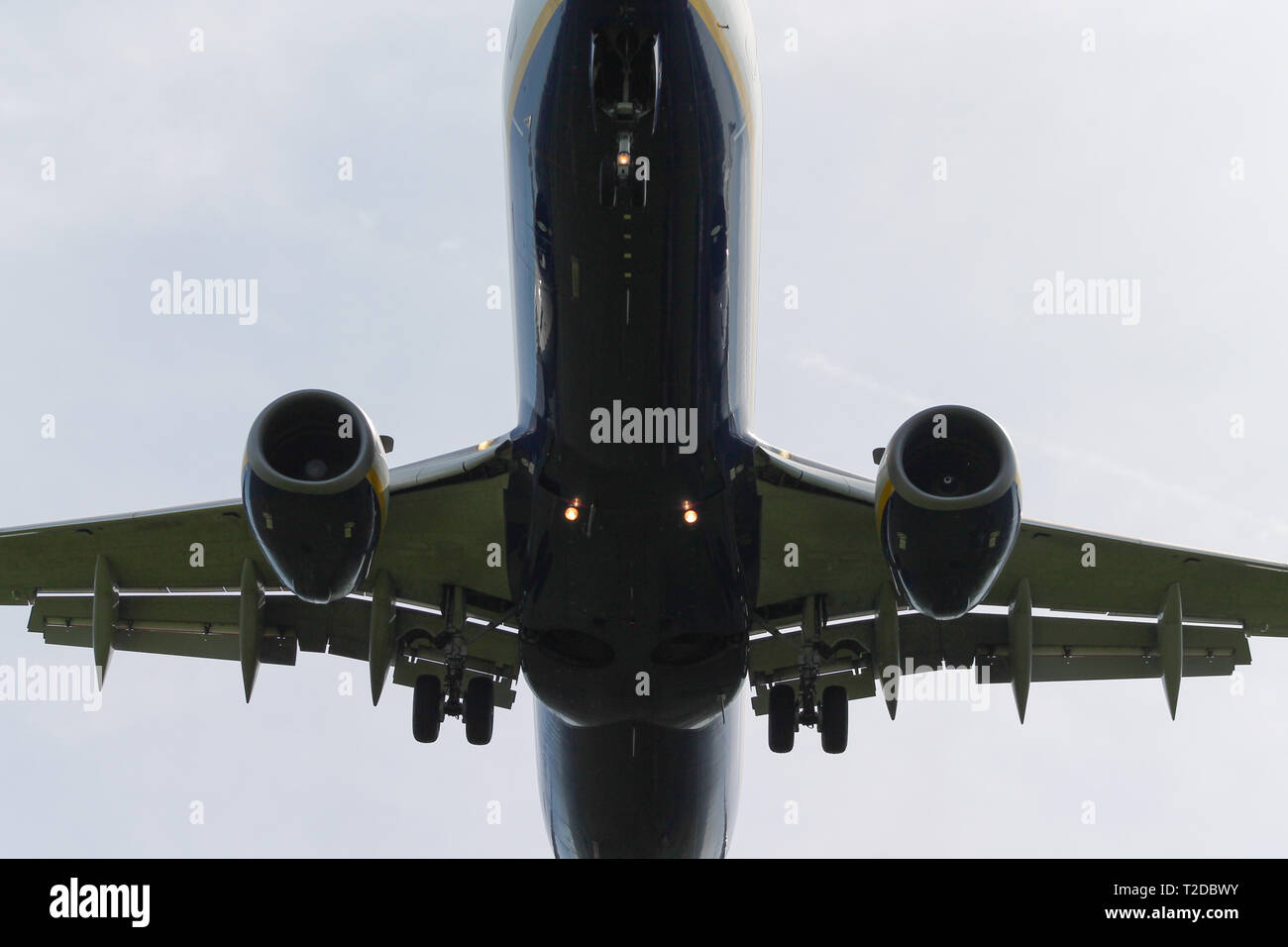Ryanair Boeing 737-800 Jet plane landing with landing gear down and flaps extended transport Stock Photo