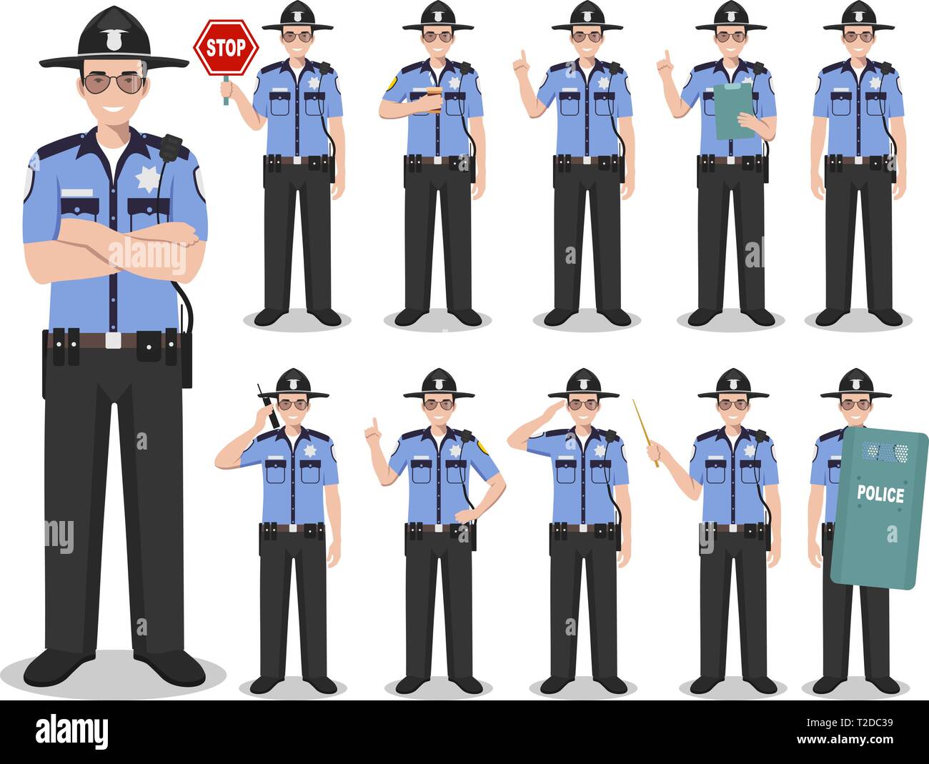 Police people concept. Detailed illustration of american policeman, sheriff standing in different positions in flat style isolated on white background Stock Vector