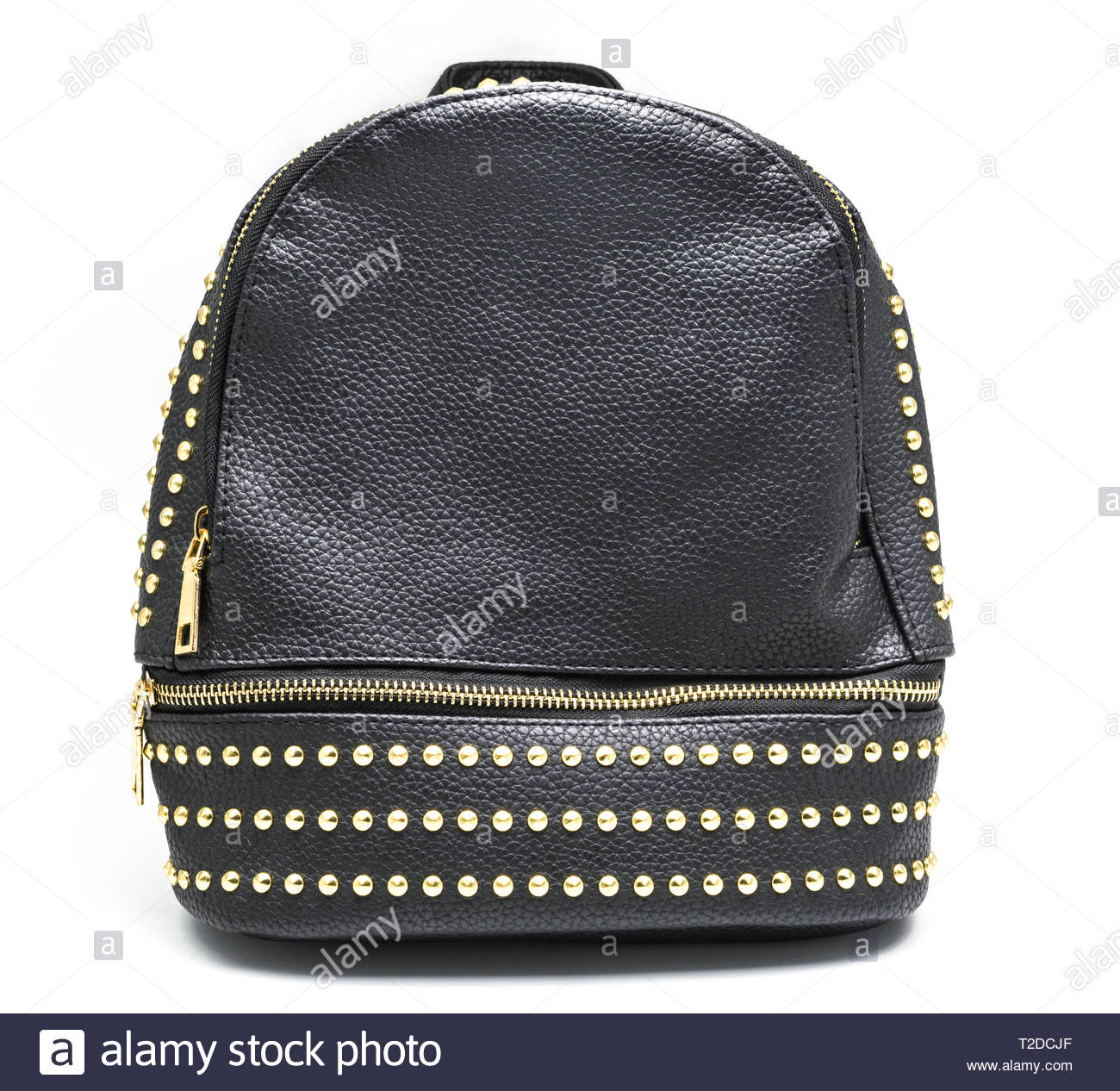 black leather backpack with gold zippers