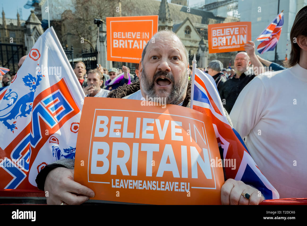 Pro-Brexit supporters gather with flags and placards for ‘Brexit Day’ protest in Westminster demanding Britain leaves the EU without further delay. Stock Photo