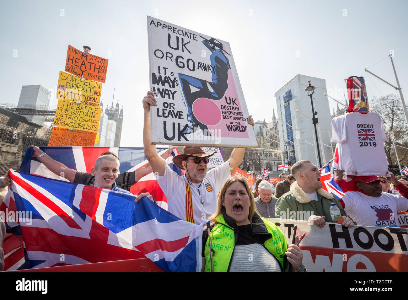 Pro-Brexit supporters gather with flags and placards for ‘Brexit Day’ protest in Westminster demanding Britain leaves the EU without further delay. Stock Photo