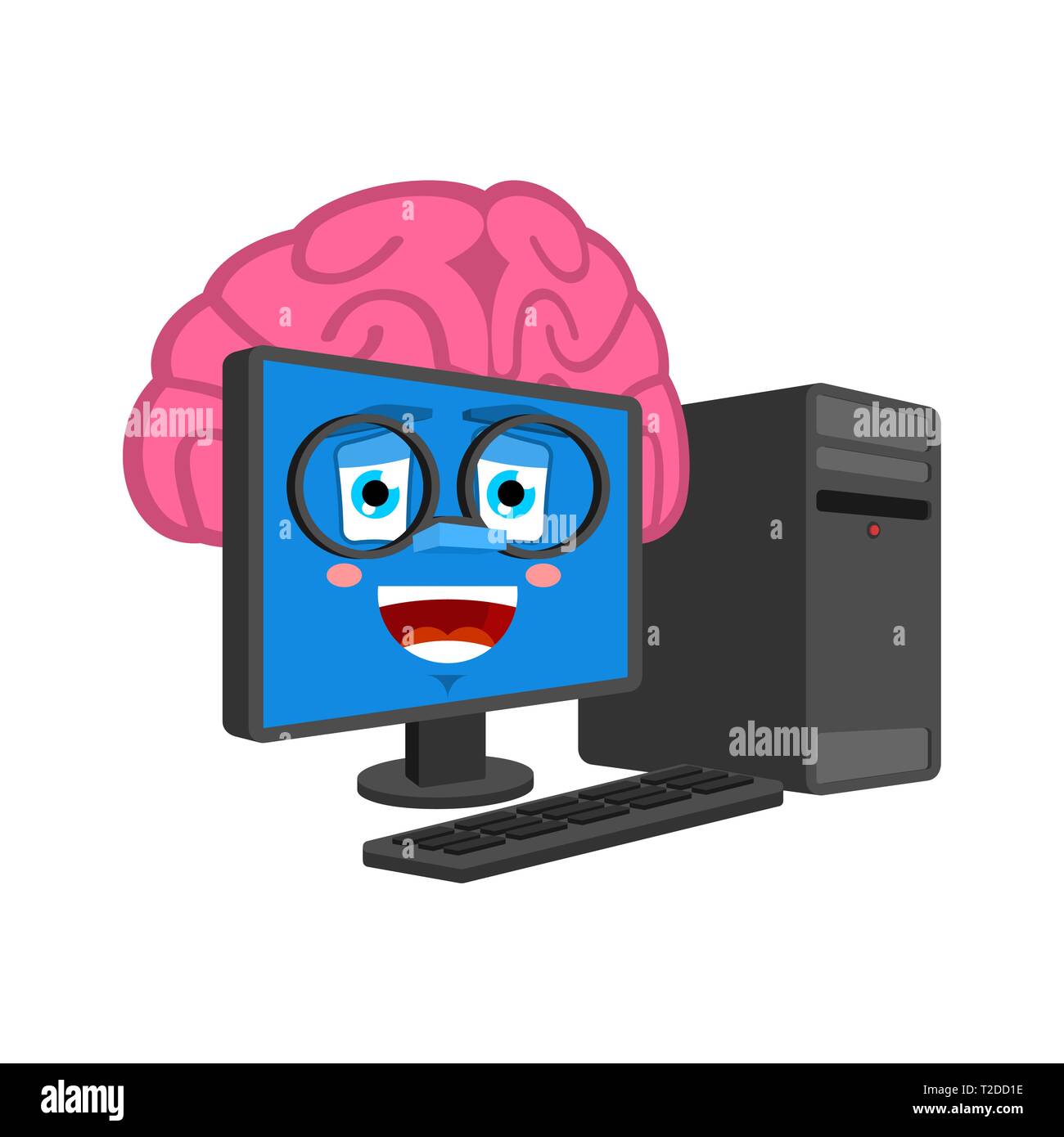 Smart Computer with brains isolated. Brain in PC Cartoon Style. data ...