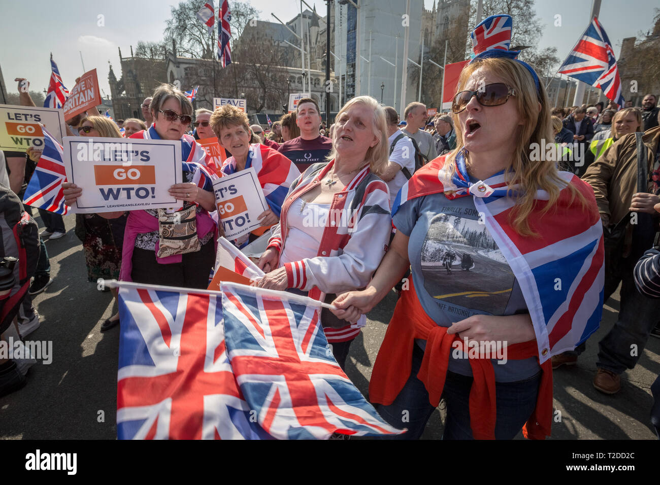 Pro-Brexit supporters gather with flags and placards for ‘Brexit Day’ protest in Westminster demanding Britain leaves the EU without further delay. Stock Photo