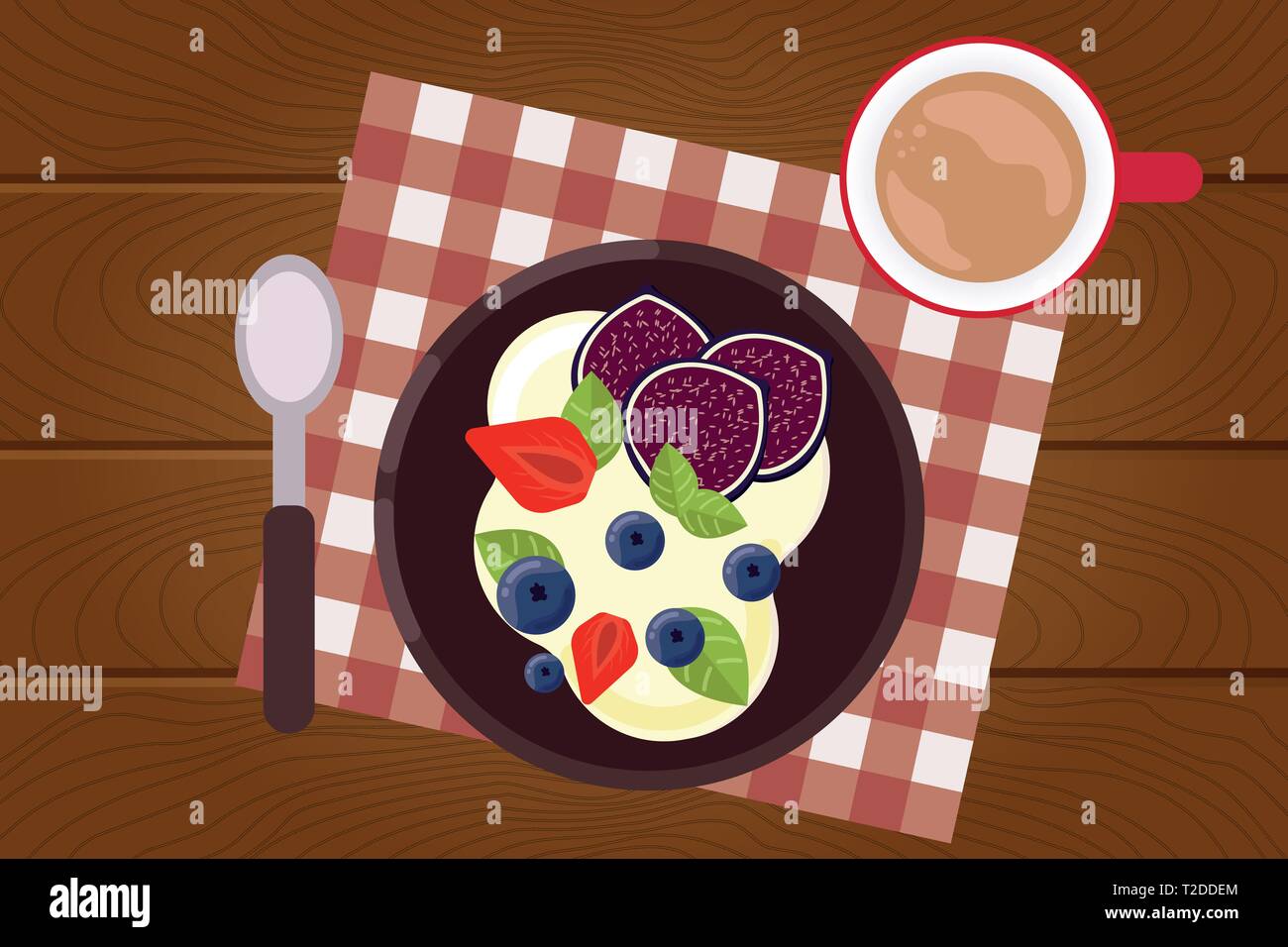 Set of breakfast food on wooden surface background in flat design style ...