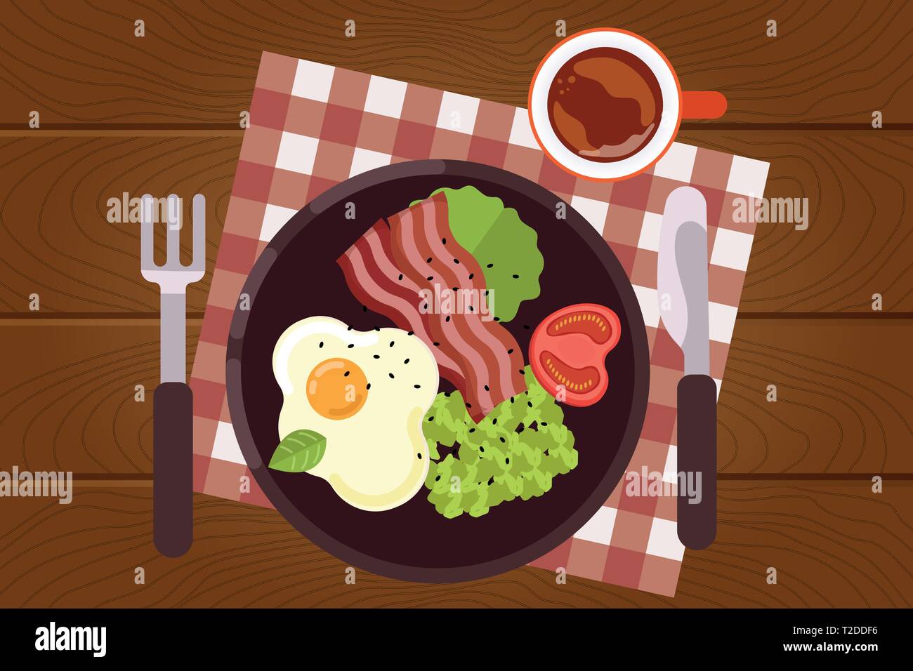 Set of breakfast food on wooden surface background in flat design style ...