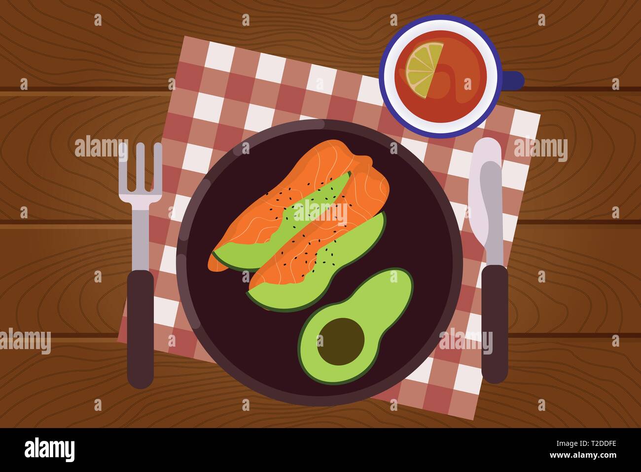 Set of breakfast food on wooden surface background in flat design style ...