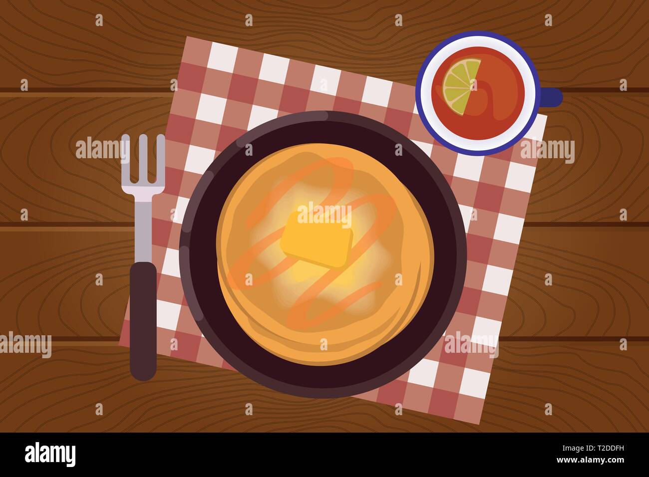 Set of breakfast food on wooden surface background in flat design style ...