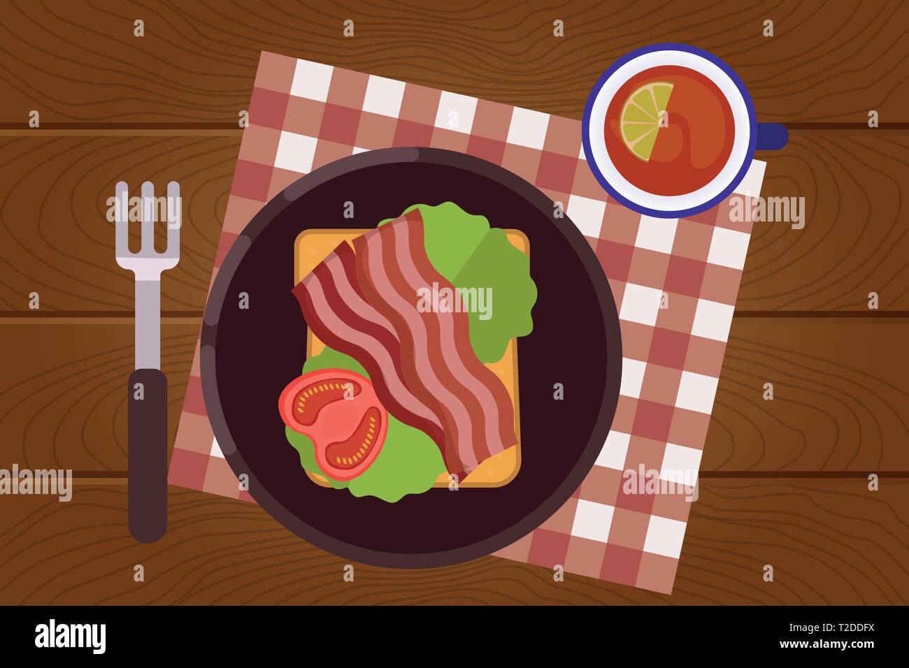 Set of breakfast food on wooden surface background in flat design style ...
