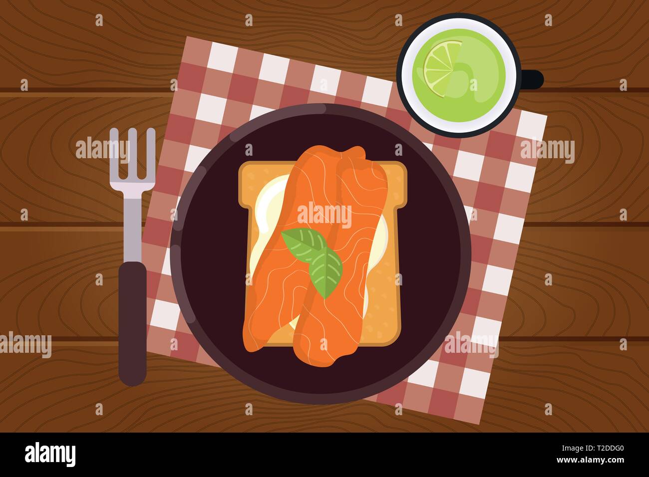 Set of breakfast food on wooden surface background in flat design style ...