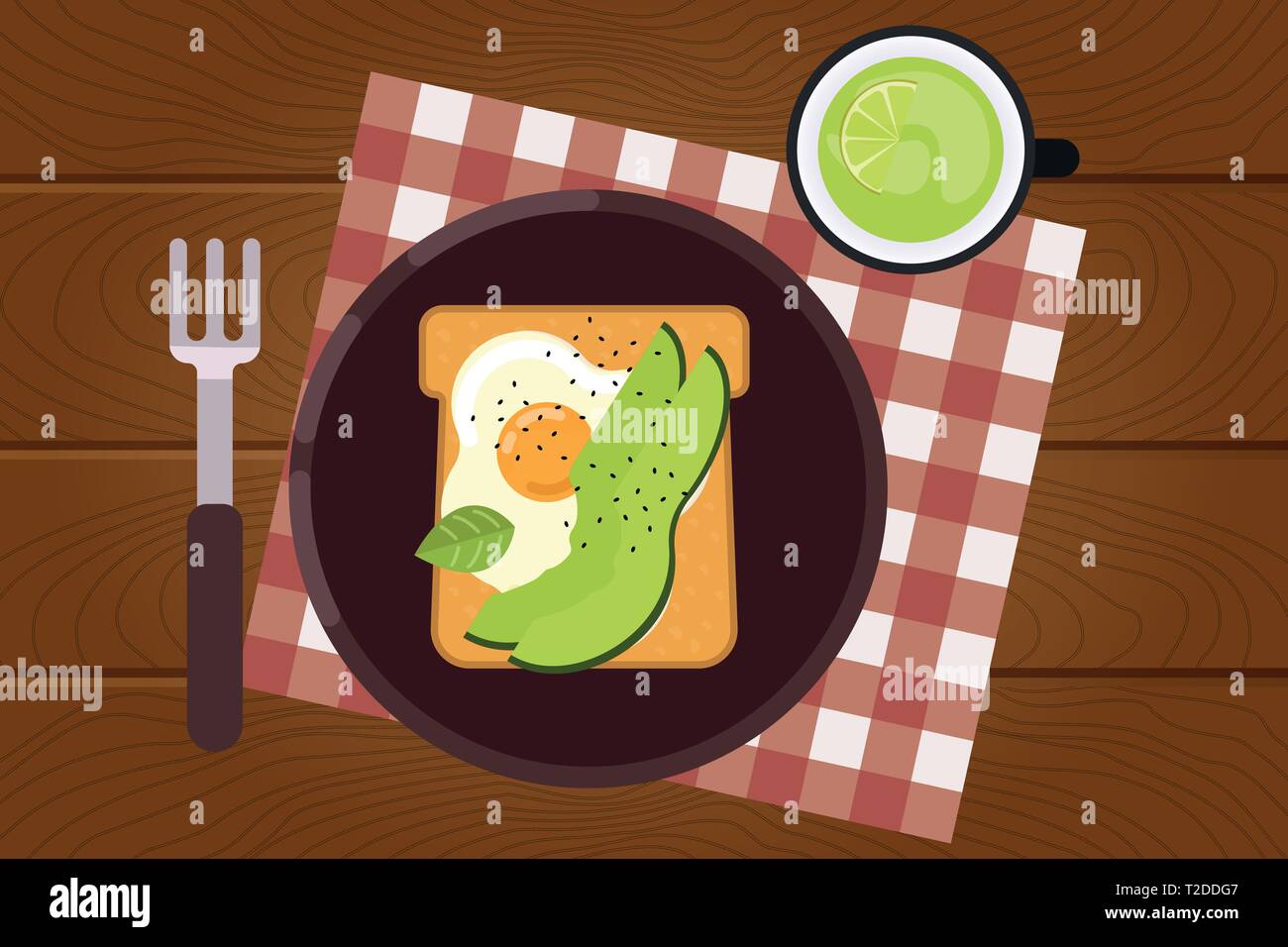 Set of breakfast food on wooden surface background in flat design style ...