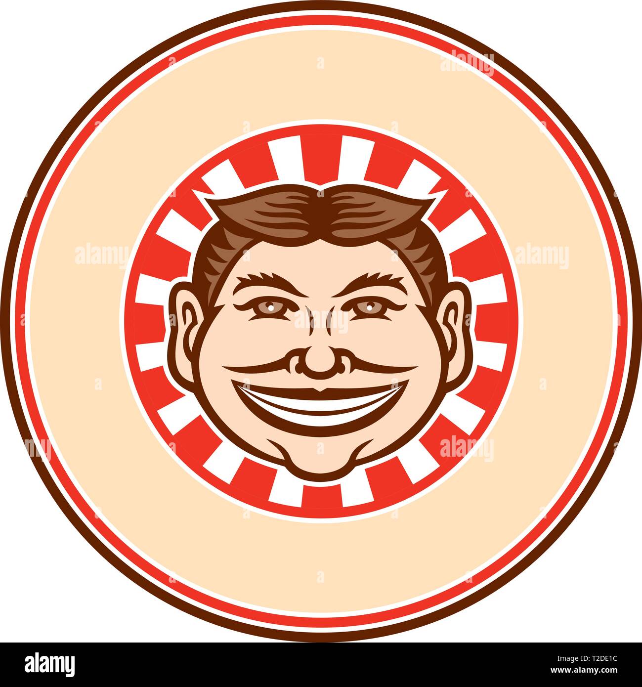 Mascot icon illustration of head of a grinning, leering, smiling funny face slyly beaming mug with hair parted in middle viewed from front with sunbur Stock Vector