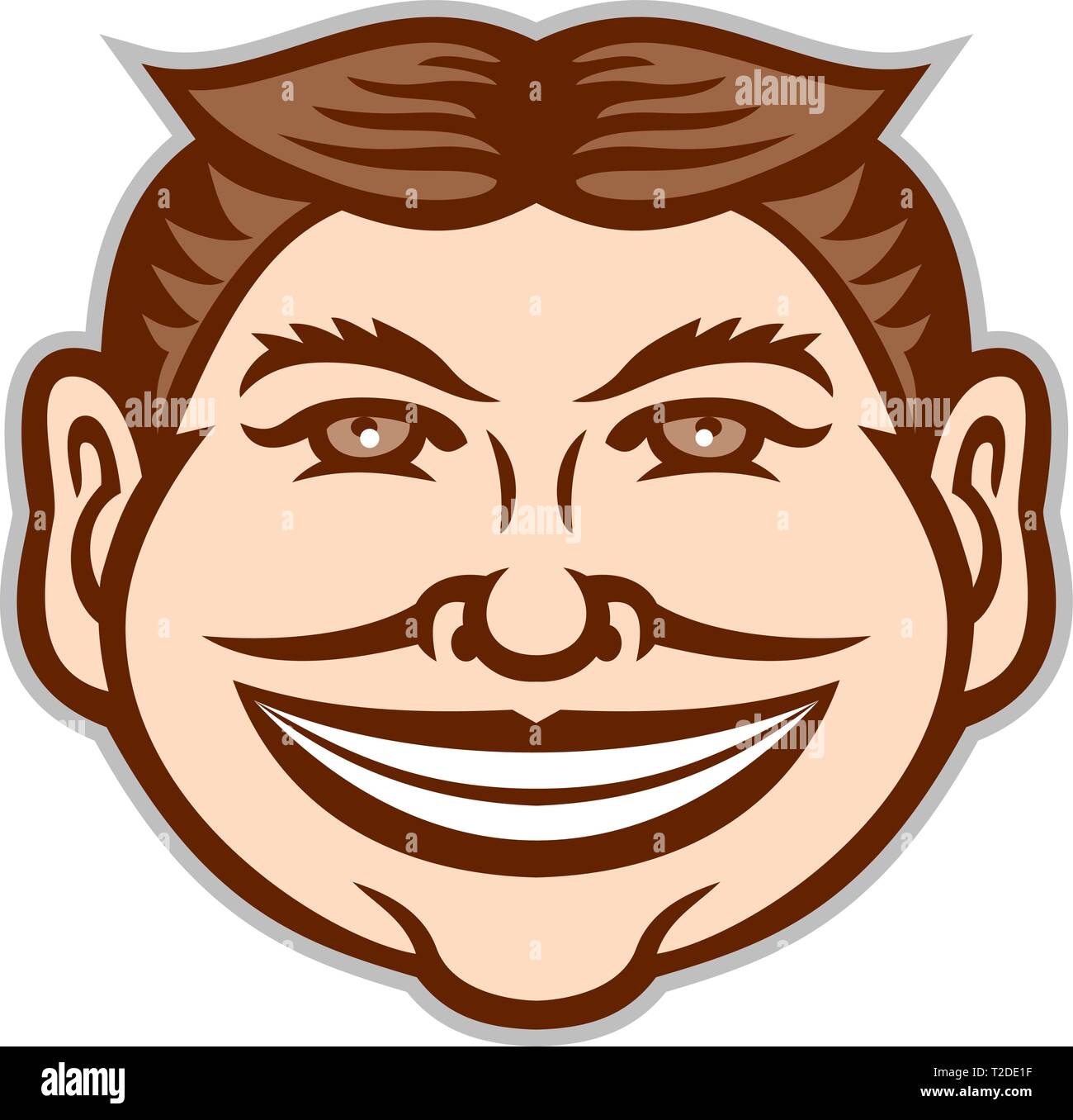 Mascot icon illustration of head of a funny face grinning, leering, smiling slyly beaming mug with hair parted in middle viewed from front on isolated Stock Vector