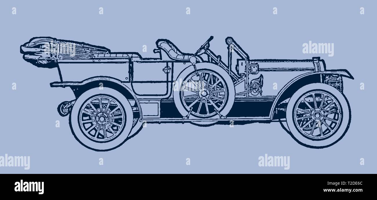 Classic four-seat touring car in side view. Illustration after a lithography or engraving from the early 20th century. Editable in layers Stock Vector