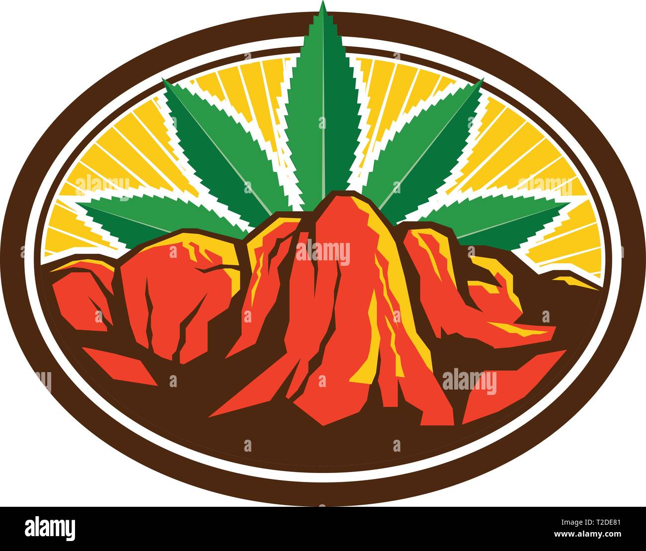 Retro style illustration of a red canyon and steep cliff with hemp leaf in background set inside oval shape on isolated background. Stock Vector
