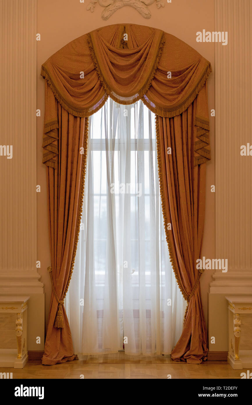 Wooden House Window Old Fashioned Curtains Stock Photos & Wooden House