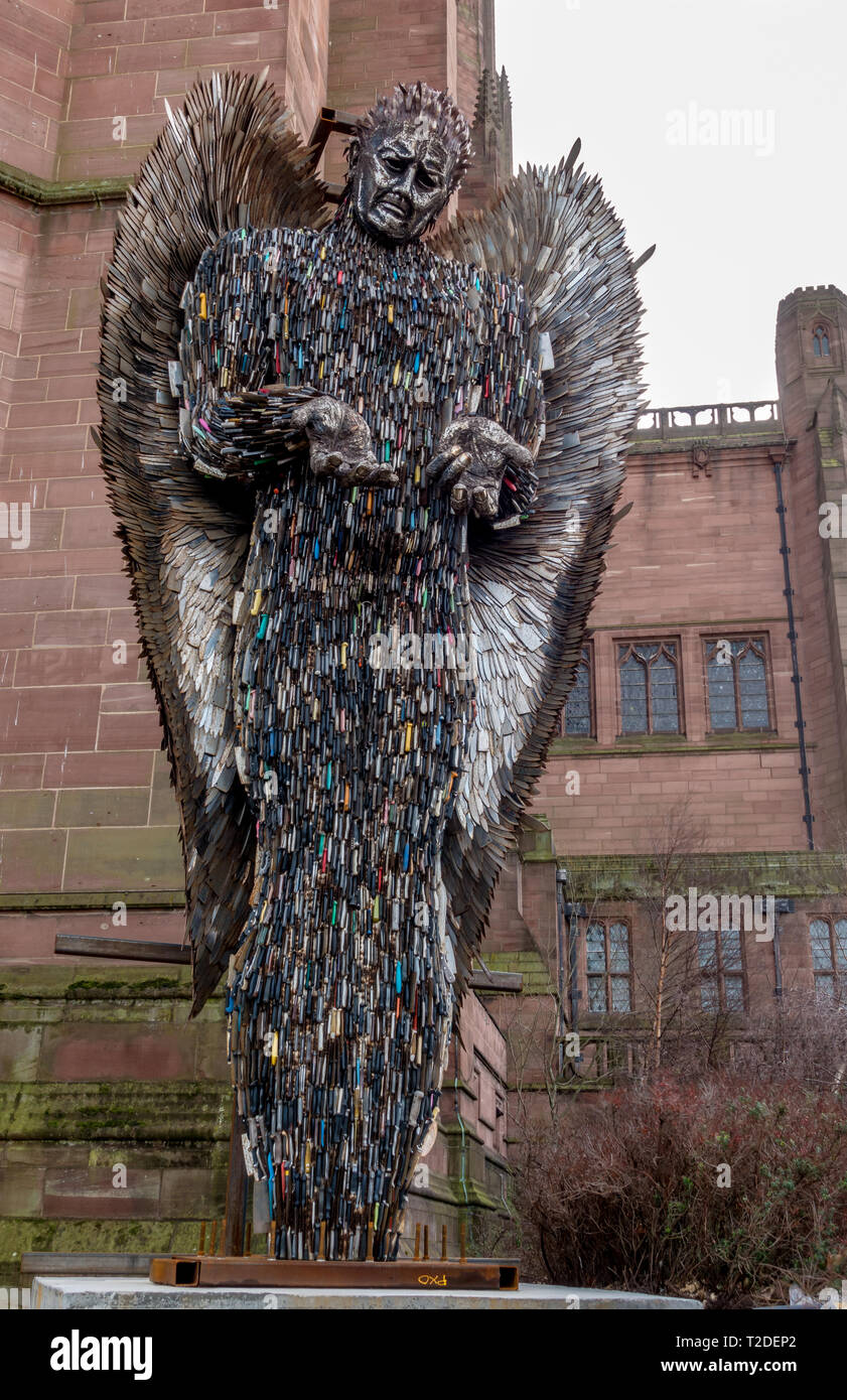 Knife Angel sculpture on display outside Liverpool Anglican Catherdal Stock Photo