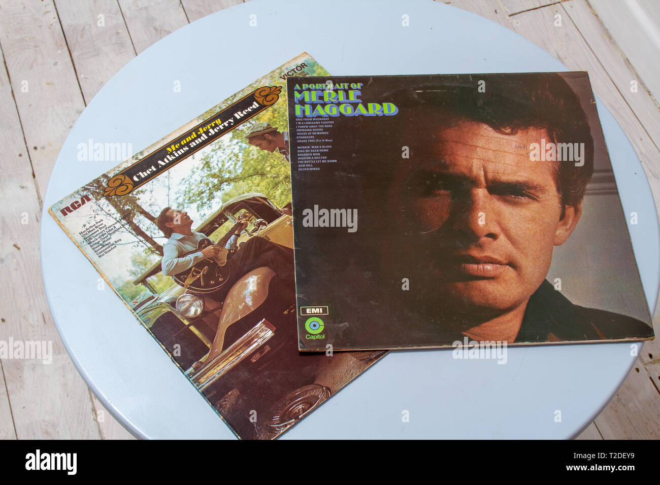 Album covers Merle Haggard's 1969 release 'A Portrait of Merle Haggard' and the Jerry Reed and Chet Atkins 1970 collaboration 'Me and Jerry'. Stock Photo