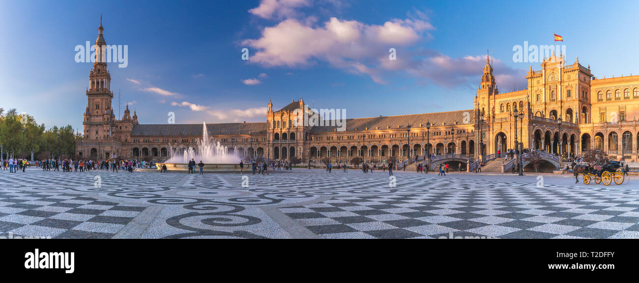 Panoramic view of Spain, Andalusia, Seville, foreshortenings of the architectures of Plaza de Espana Stock Photo