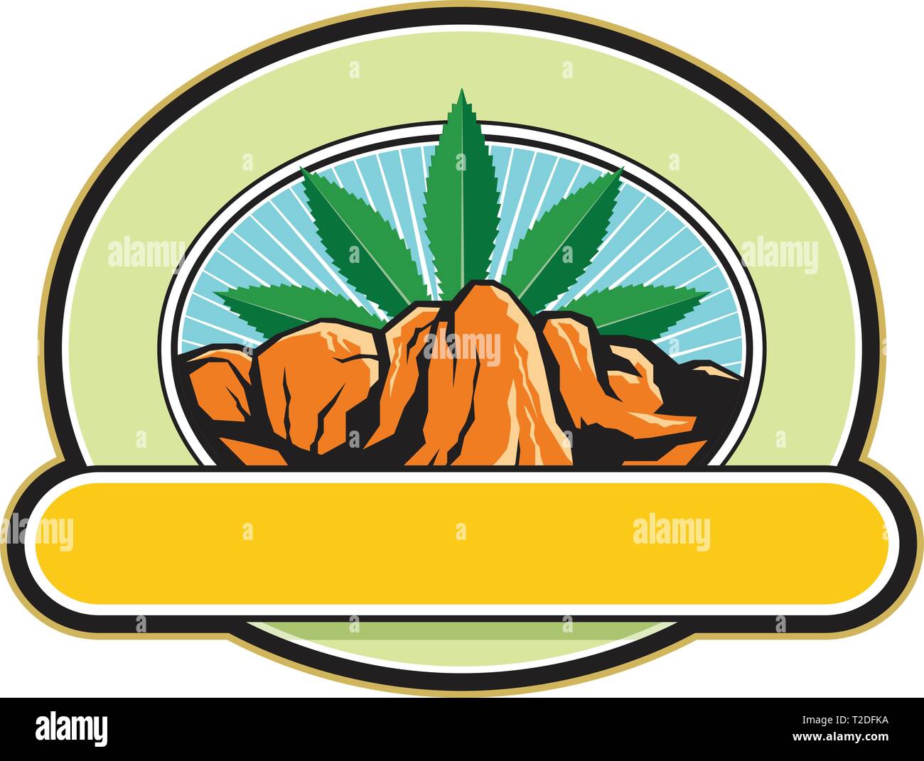 Retro style illustration of a mountain or canyon with steep cliff and hemp leaf in background set inside oval shape with banner in foreground. Stock Vector