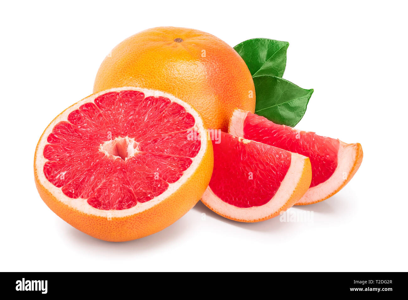 grapefruit and slice with leaves isolated on white background. Stock Photo