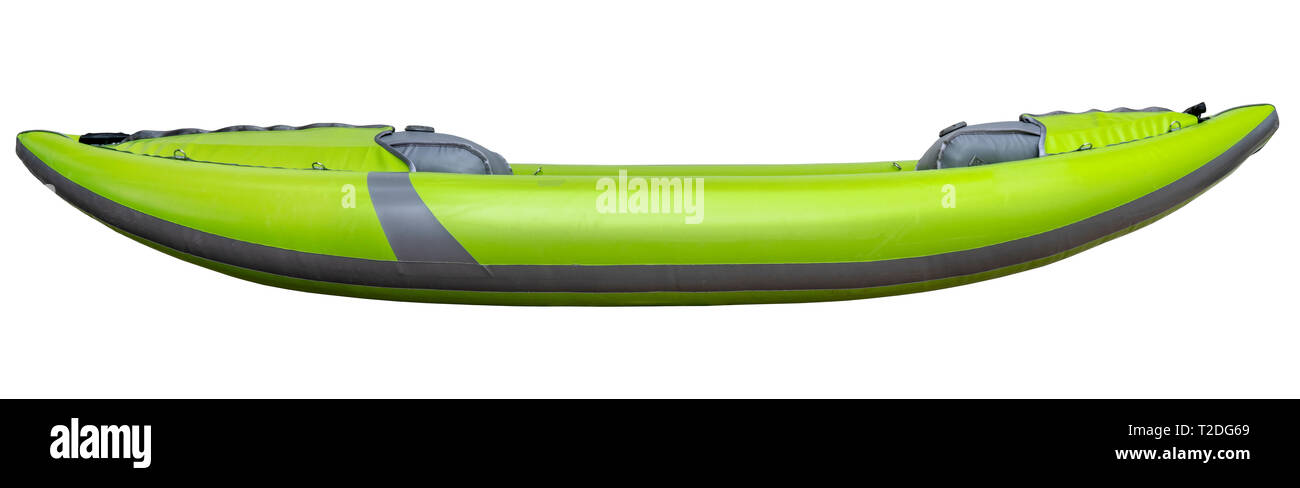 green inflatable whitewater one person kayak isolated on white, side view Stock Photo