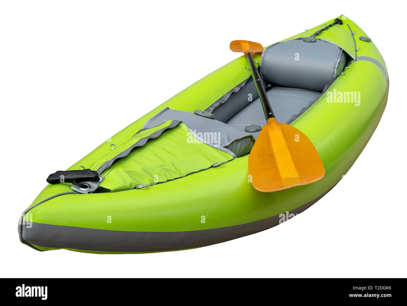 green inflatable whitewater one person kayak with a paddle isolated on white Stock Photo