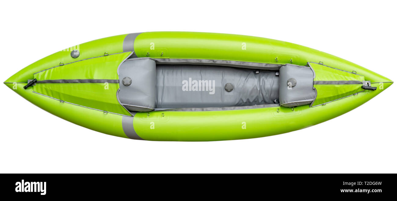green inflatable whitewater one person kayak isolated on white, overhead view Stock Photo