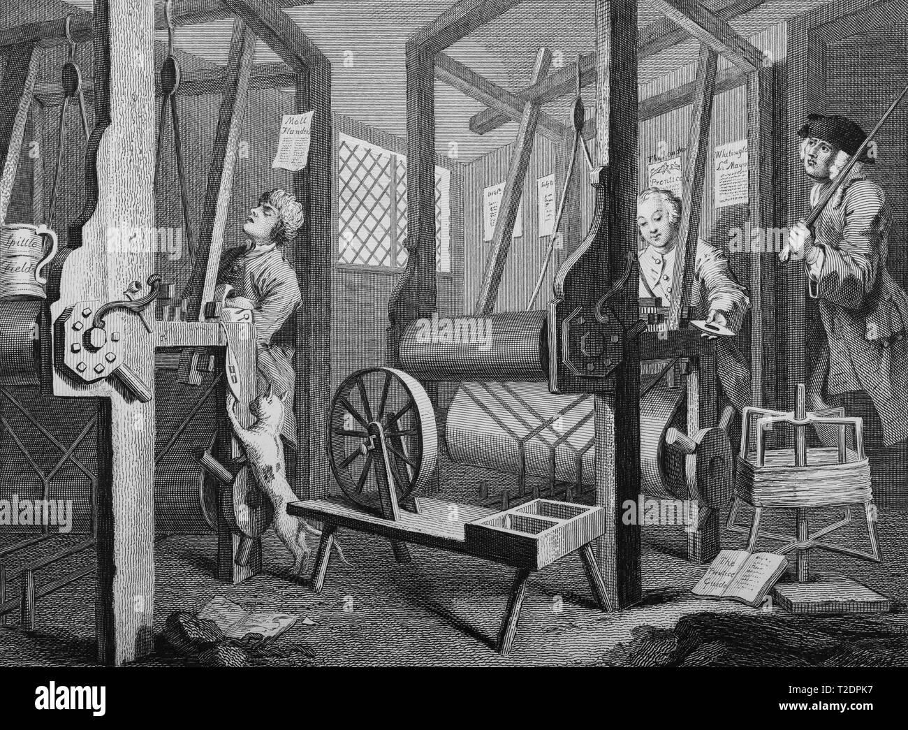 William Hogarth print engraving Industry and Idleness Plate 1 The fellow apprentices at their looms Stock Photo