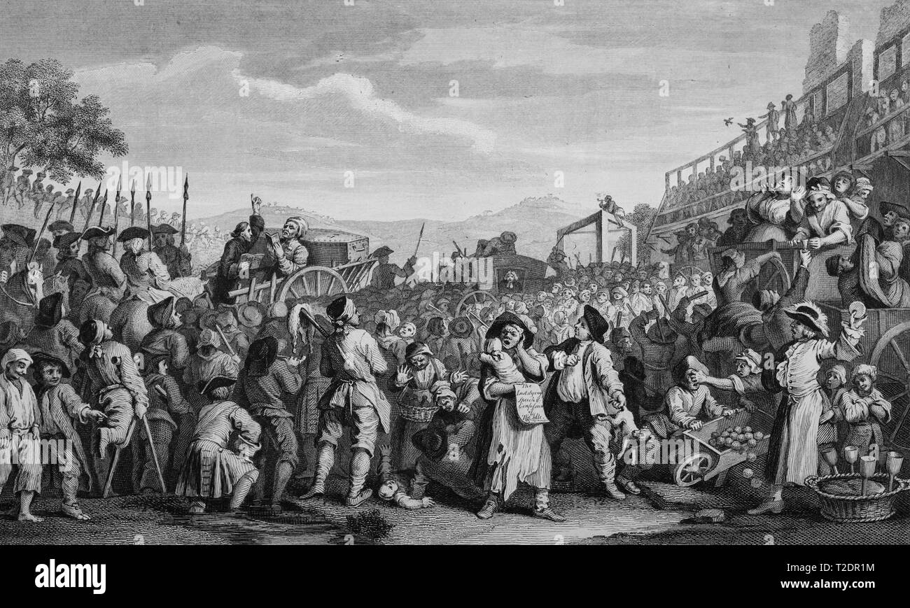 William Hogarth print engraving Industry and Idleness Plate 11 The idle apprentice executed at Tyburn Stock Photo