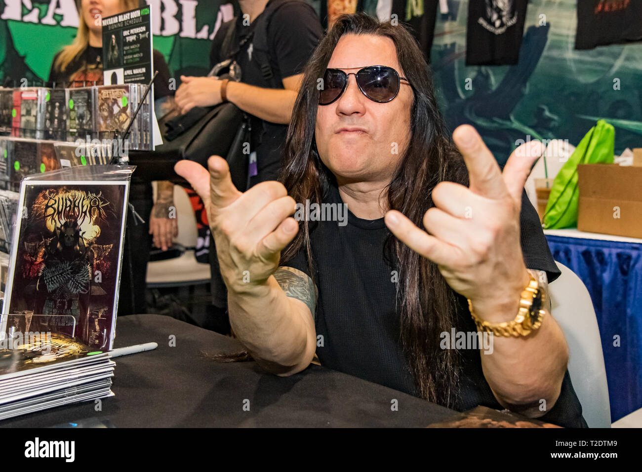 March 30, 2019 - ERIC PETERSON  from TESTAMENT & DRAGONLORD sign copies of  his comic, THE BURNER, at WonderCon 2019 (Credit Image: © Marissa Carter/ZUMA Wire) Stock Photo