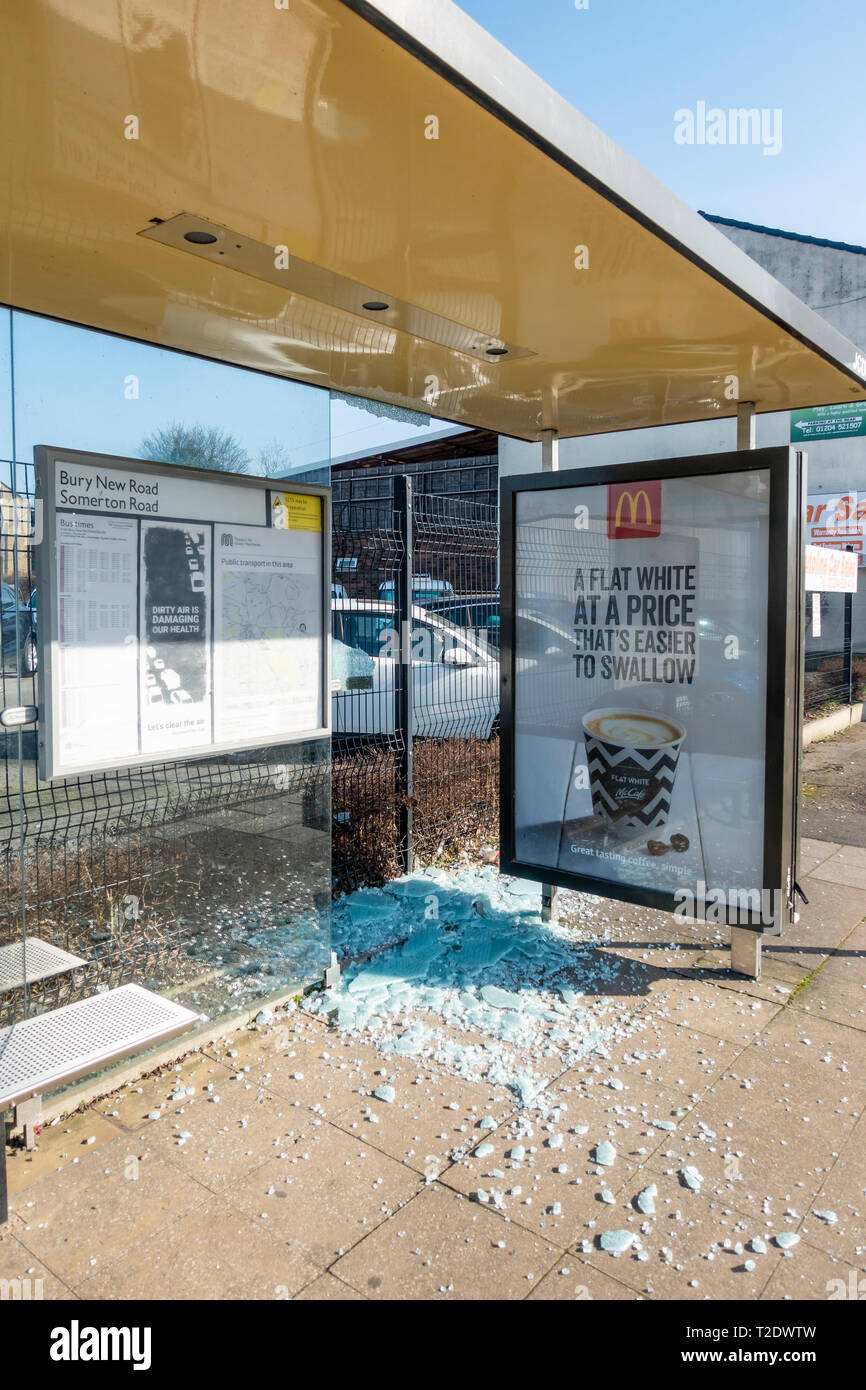 Vandalised Bus Stop in Bolton. Stock Photo