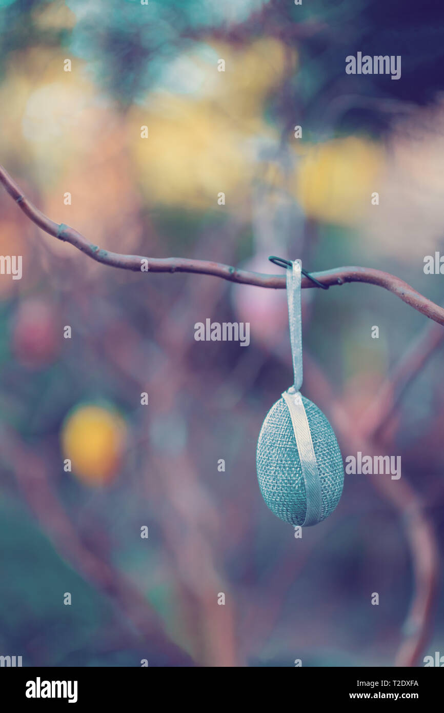 Hanging Easter eggs on tree with soft focus bokeh and color toned. Spring easter concept background. Stock Photo