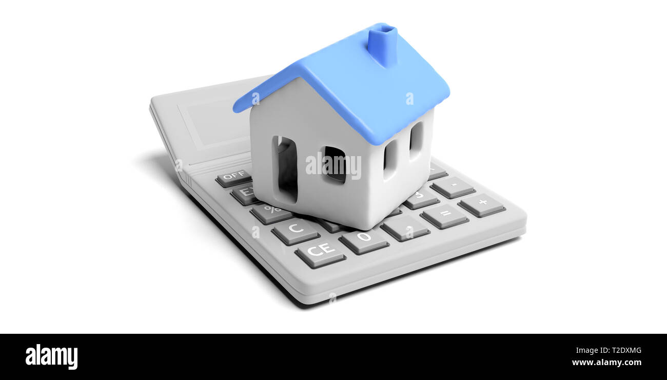 House price, cost. House model with blue color roof and calculator