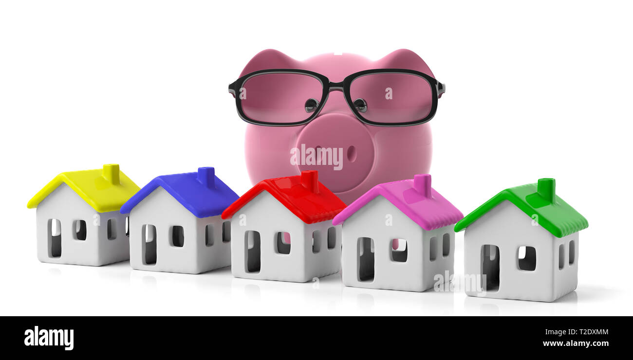 House mortage and loan concept. House models and piggy bank isolated against white background. 3d illustration Stock Photo