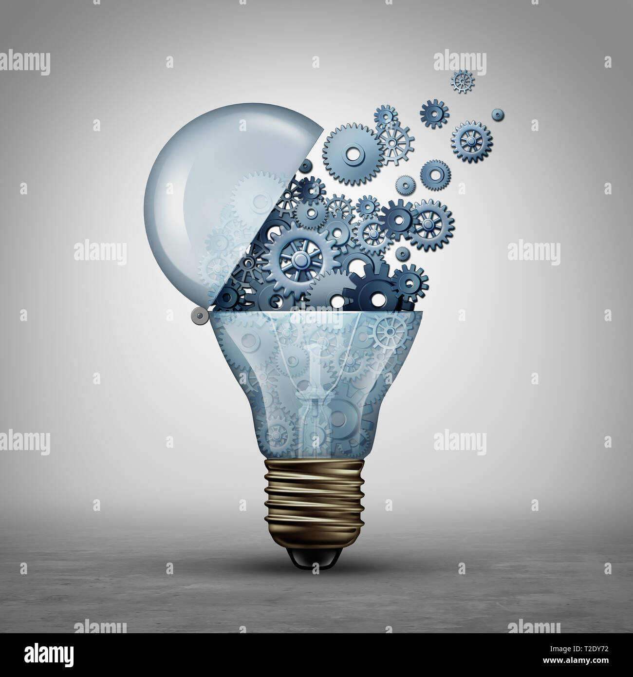 Creative technology concept and communication ideas as an open door light bulb tranfering gears and cogs as a  business success metaphor. Stock Photo