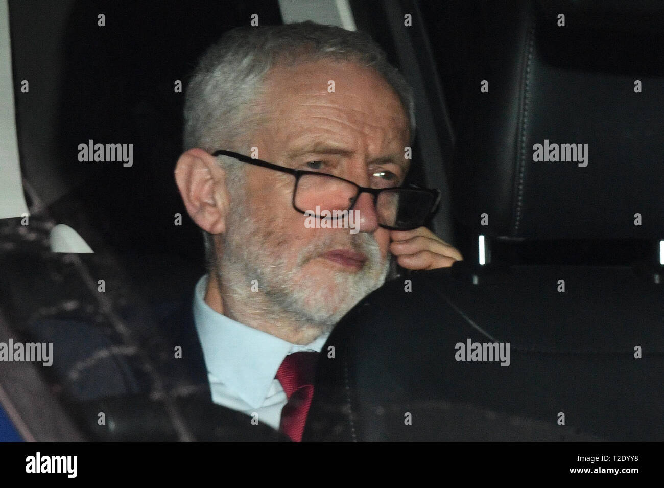 Labour leader Jeremy Corbyn leaving the House of Commons, London after MPs fail to back proposals on alternatives to Theresa May's EU withdrawal deal. Stock Photo