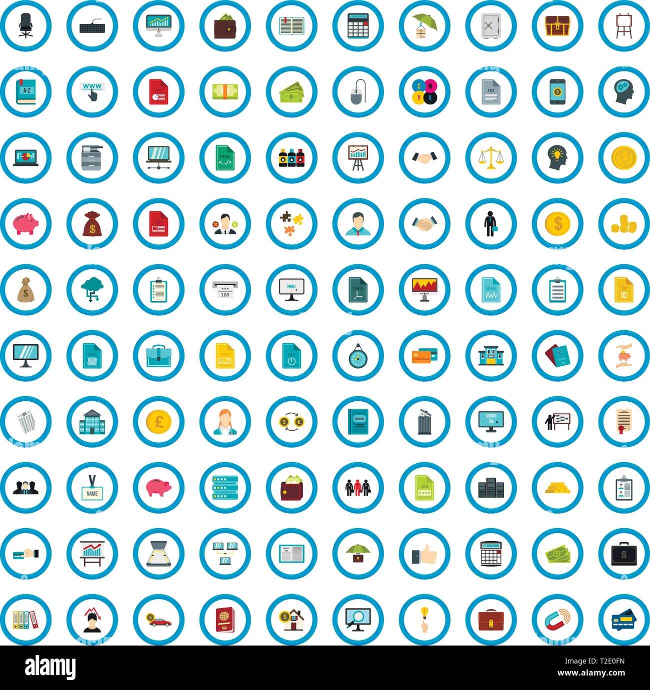 100 partnership document icons set, flat style Stock Vector