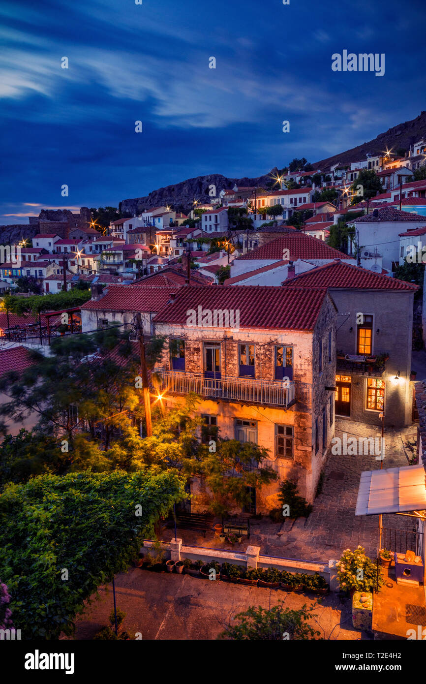 City View By Night With The City Of Samothraki With Beautiful Coloured Houses And Street Lights On The Island Of Samothrace In Greece Stock Photo Alamy