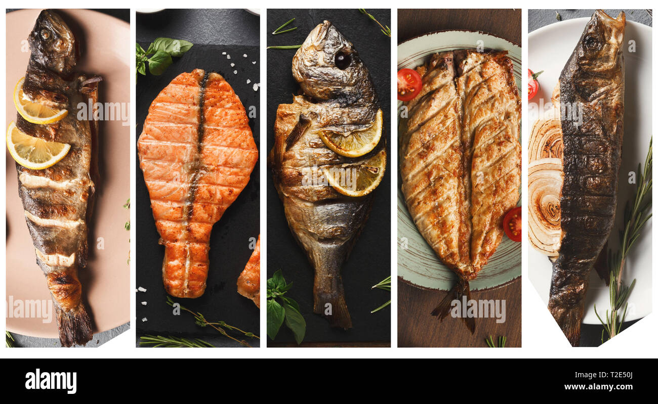 Grilled fish dishes collage including sea bass, dorado, salmon steak. Mediterranean restaurant menu Stock Photo