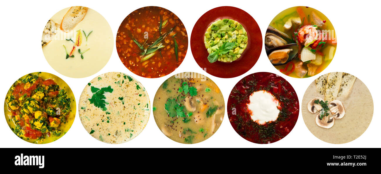 Soups assortment, collage of various different kinds of pottages ...