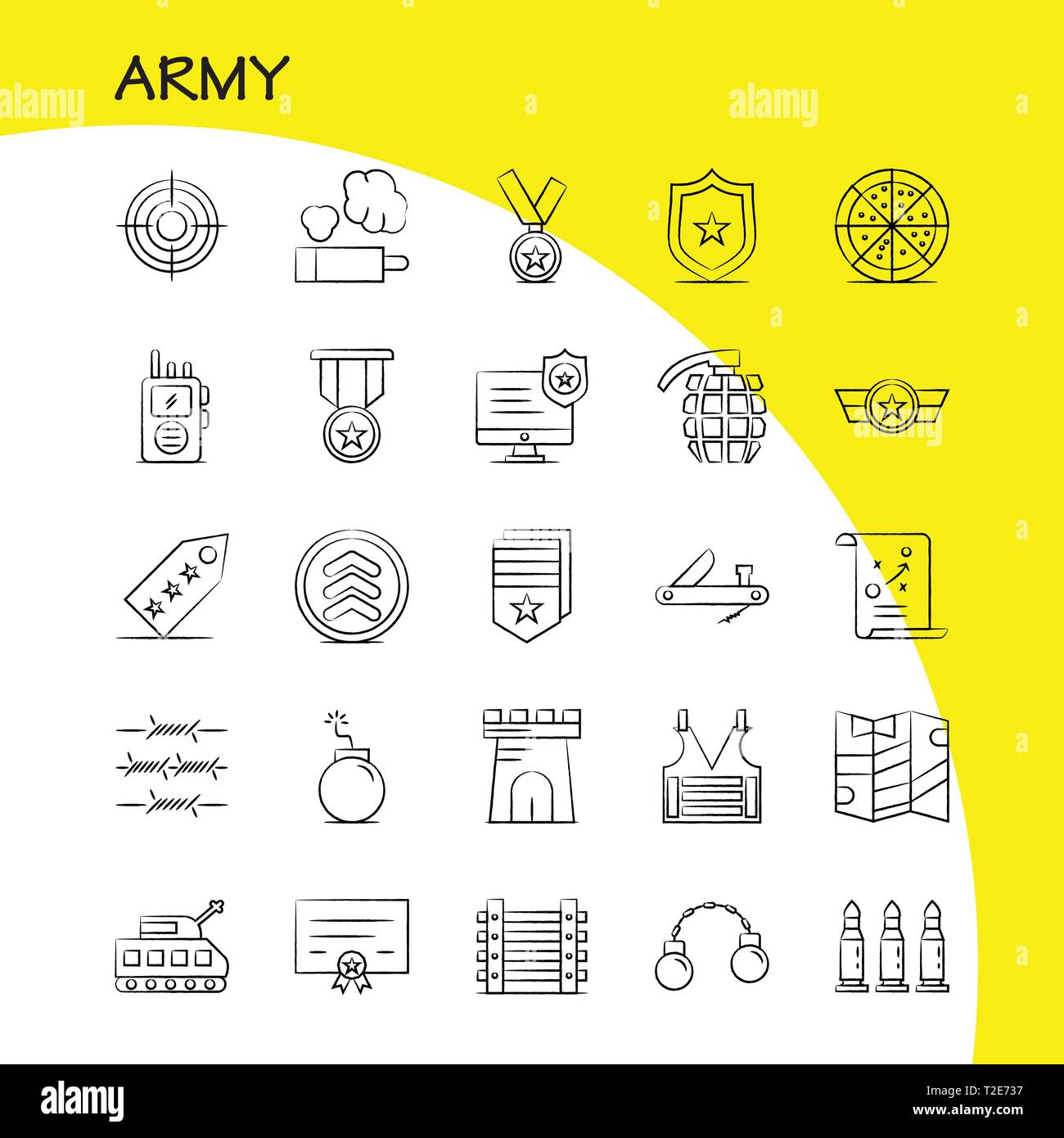 Army Hand Drawn Icons Set For Infographics, Mobile UX/UI Kit And Print Design. Include: Monitor, Badge, Enforcement, Law, Army, Barbed Wire, French, I Stock Vector
