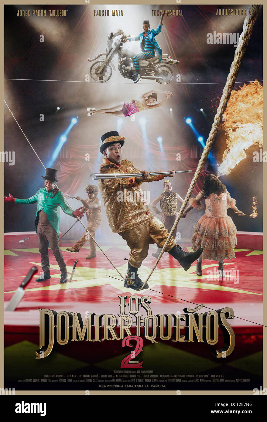 LOS DOMIRRIQUENOS 2, poster in Spanish, Jorge Pabon (large figure), Fausto Mata (on motorcycle), Stephany Liriano (flying), Tony Pascual (in green coat), 2019. © Spanglish Movies / Courtesy Everett Collection Stock Photo