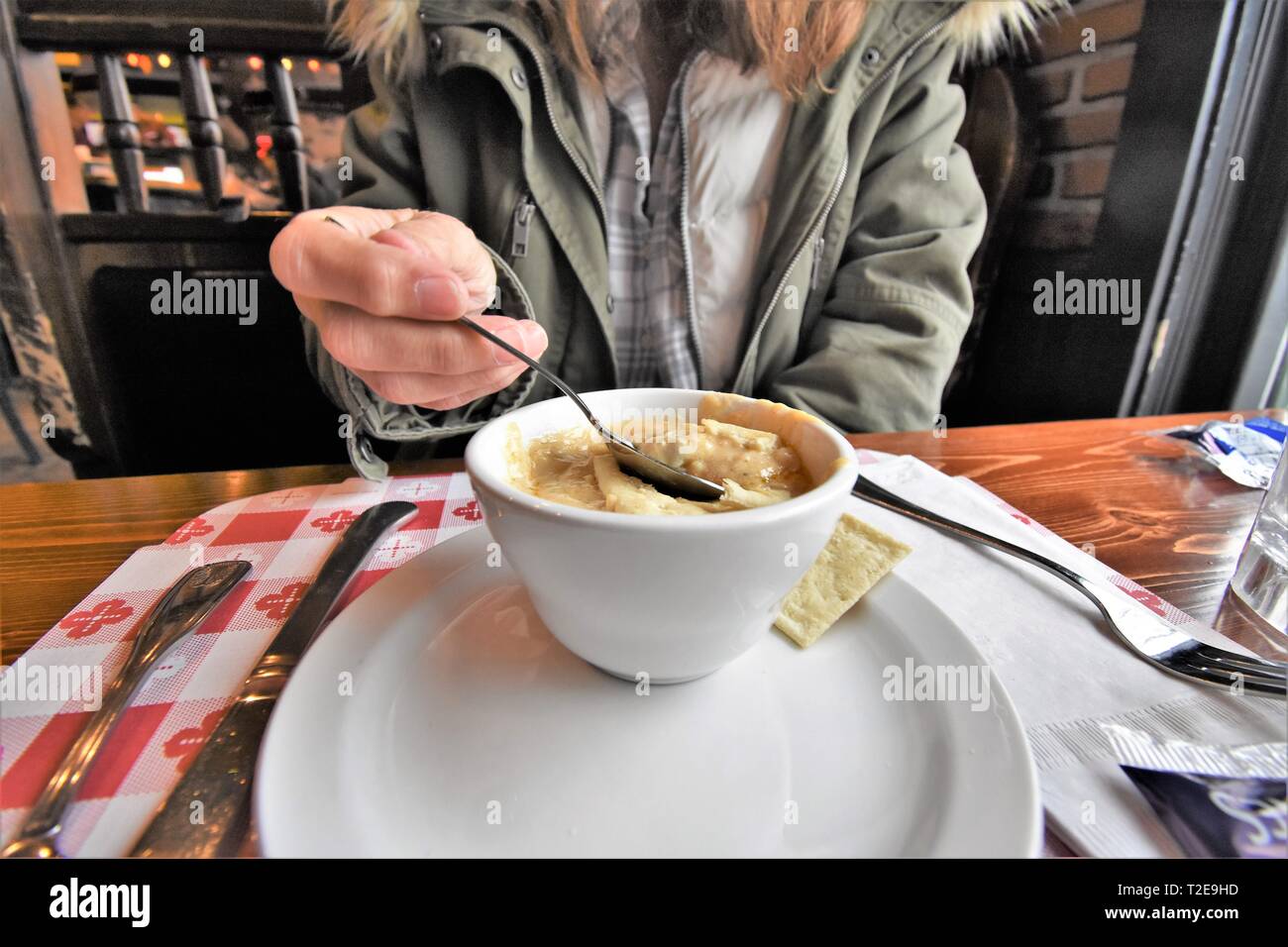 Having hot soup on a very cold day in Maryland, USA, at a cafe in an antique store on the bay of the Chesapeake Stock Photo