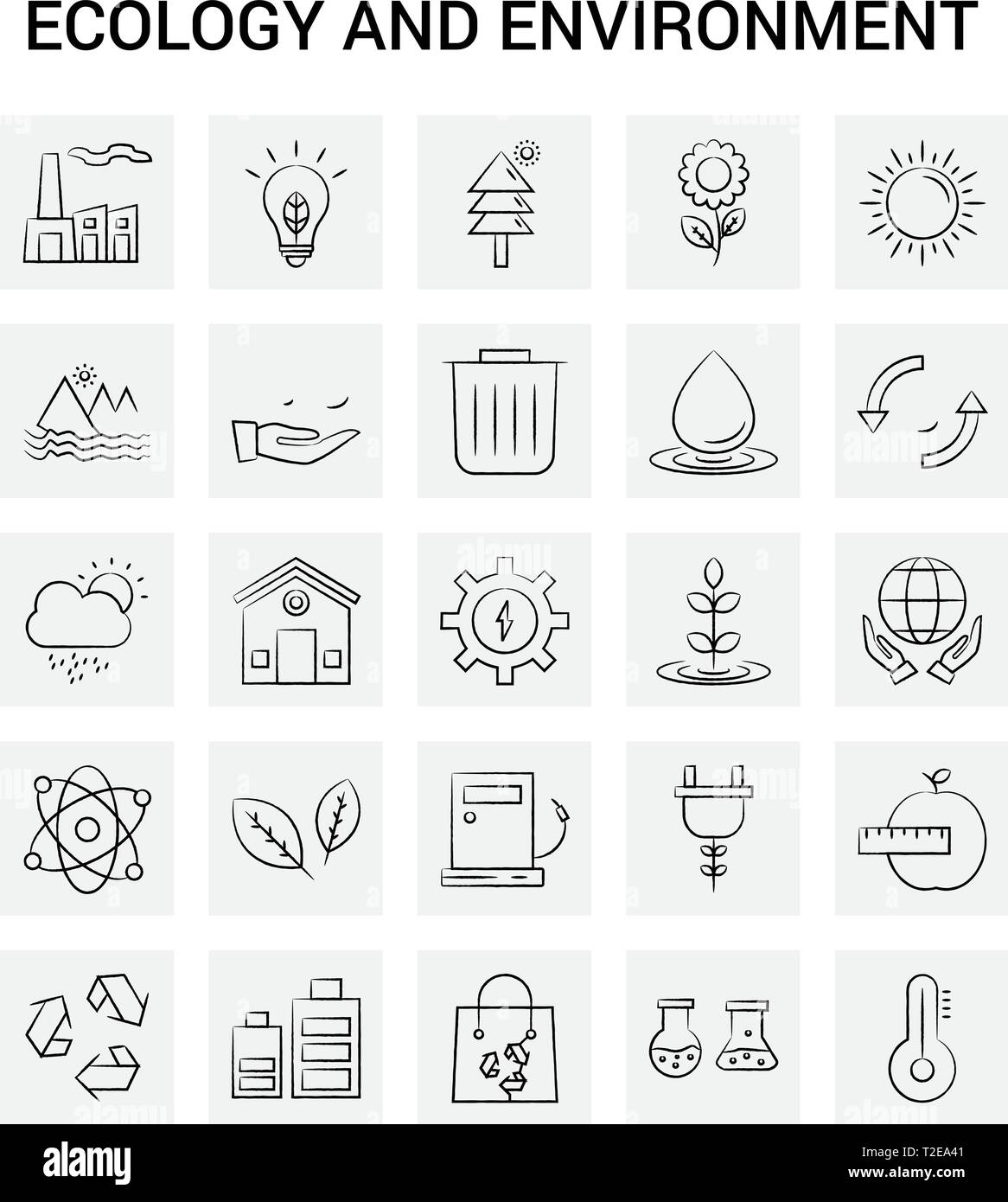 25 Hand Drawn Ecology and Enviroment icon set. Gray Background Vector Doodle Stock Vector